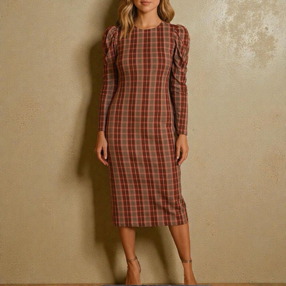 Tanya Taylor‎ Burgundy Plaid Puff Sleeve Midi Dress Womens L Holiday Preppy
